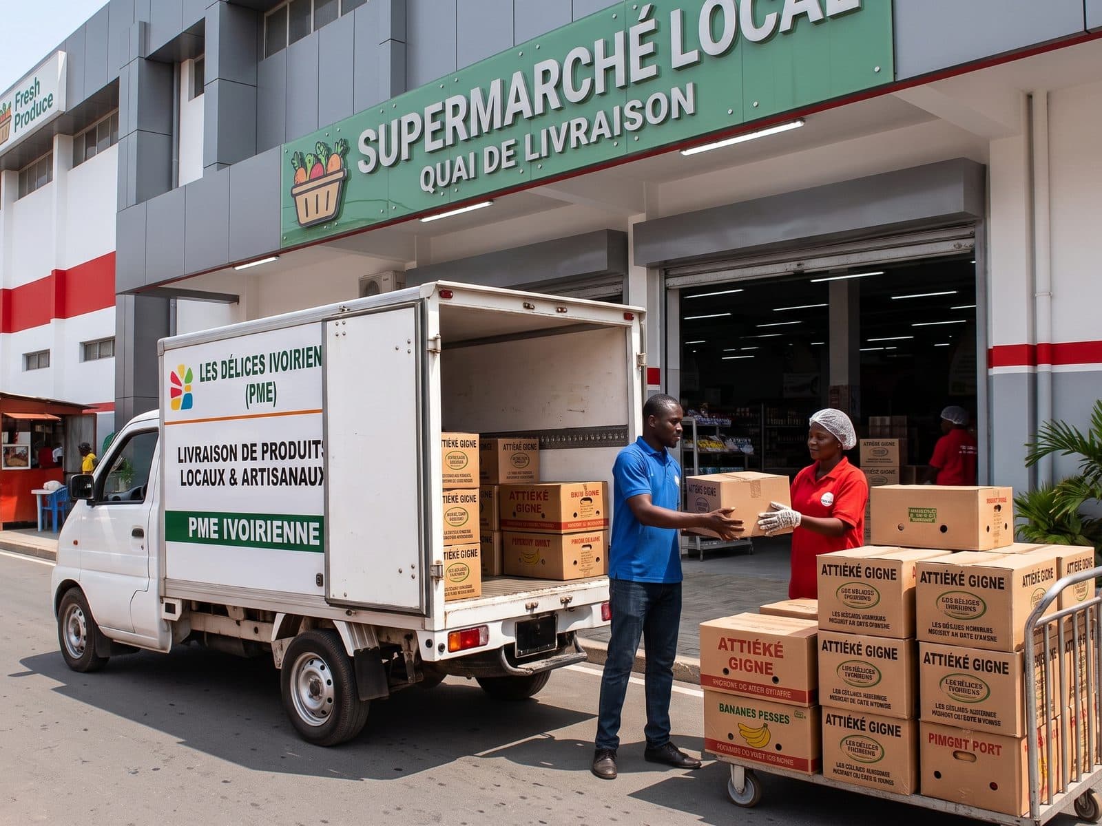 Un livreur d'une PME ivoirienne remet une commande à une employée de supermarché, sur le quai de livraison